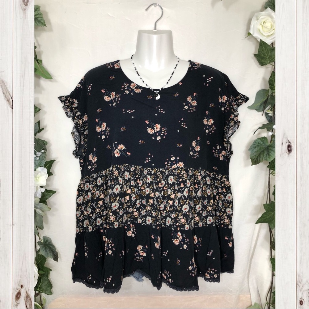 Live & Let Live Black Pink Floral Flower Short Sleeve Shirt Top